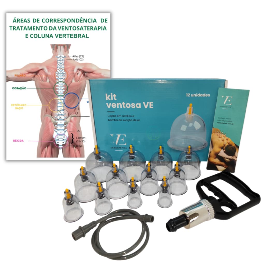Kit Ventosas 12 Copos com Anvisa + Mapa Plastificado Ventosaterapia