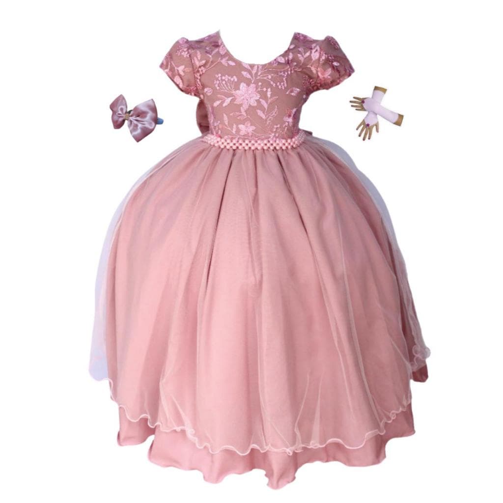 Vestido Infantil e Juvenil Longo  Rosê Casamento Formatura Festa Luxo  Com luva E Tiara.