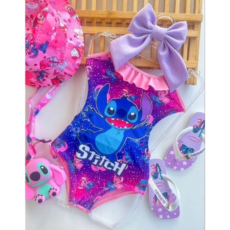 Maio biquine Infantil Stitch Azul Rosa Maio Verão Praia Temático biquini biquine Natação Praia Biquine UV Manga Longa