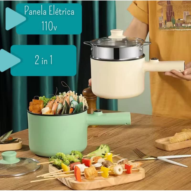 Panela Elétrica 2 em 1 C/ Vapor 110v 450w 1.8L Antianderente Portátil Cozinha frita