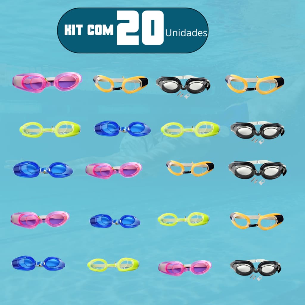 Kit Com 20 Óculos de Natação Infantil Multicoloridos Com Protetor Ajustável Para Mergulho e Piscinas