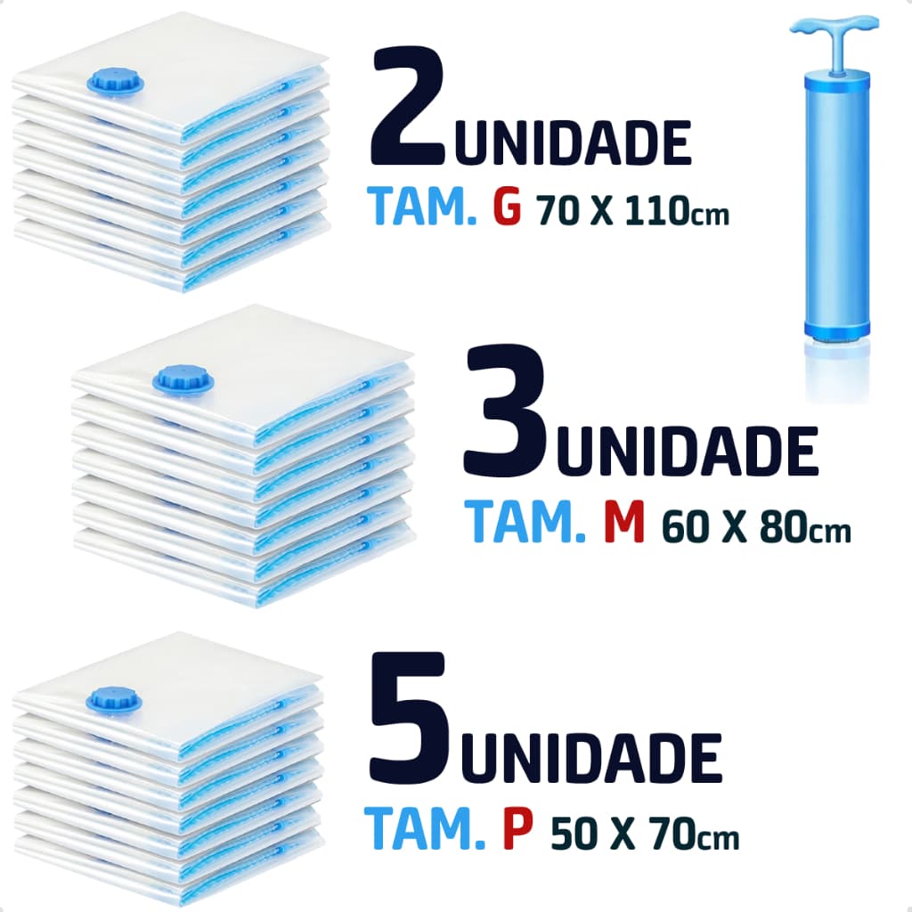 Kit 5 ou 10 Saco a Vacuo Mala Viagem Organizador Roupas Edredom inclui Bomba com 5p 3m 2g