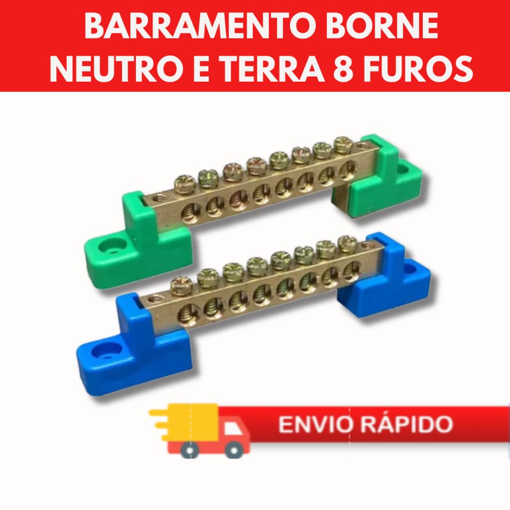 Barramento Neutro e Terra 8 Furos Fixação Parafuso 8 Bornes Vias Saídas
