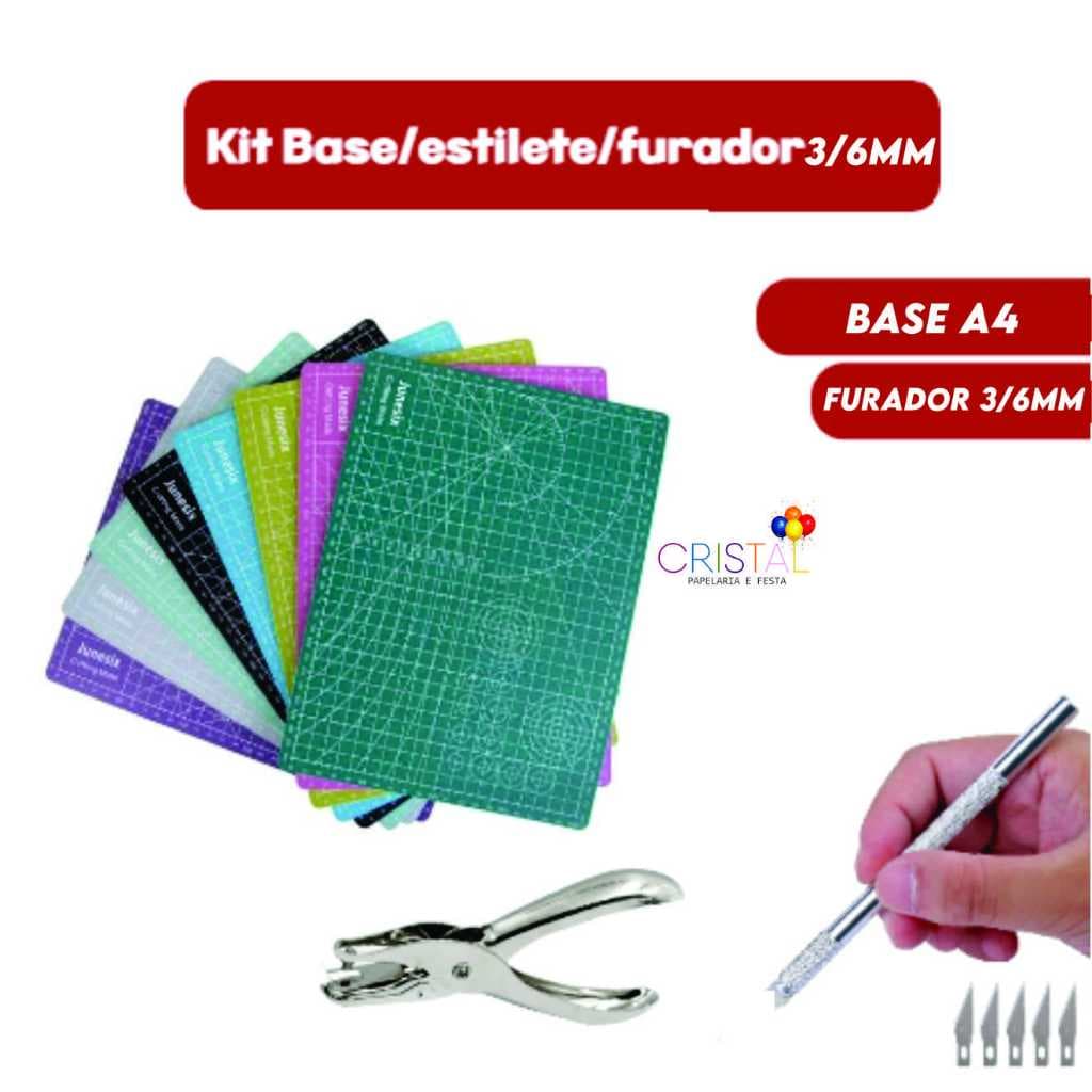 Kit Papelaria Base de Corte A4/ Estilete Precisão Cortador Manual/Alicate Furador