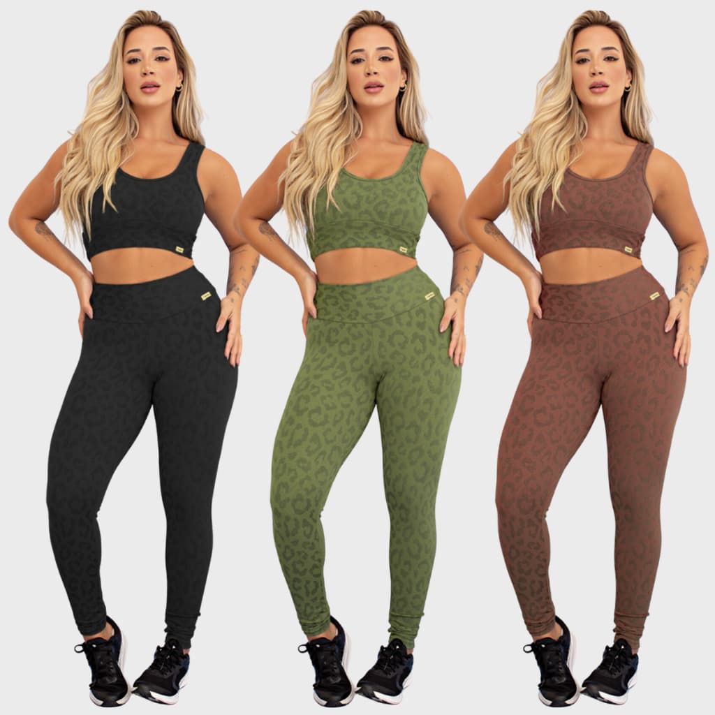 Conjunto Fitness Feminino Poliamida Textura Onça Top Calça Tarelles