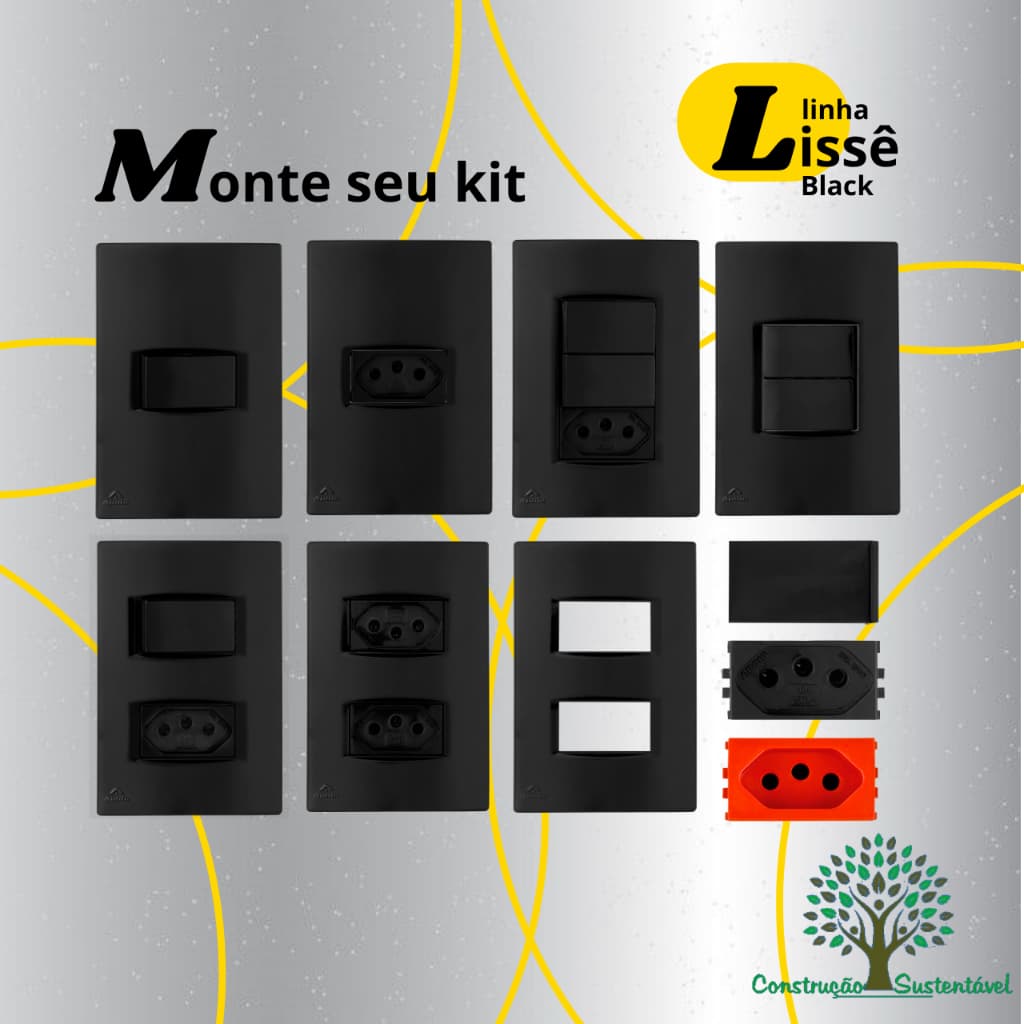 Tomada com Interruptor Preto,10a 20a, Dupla, Simples, Paralela, Modulos, Placa Lissê Preta Brilhante