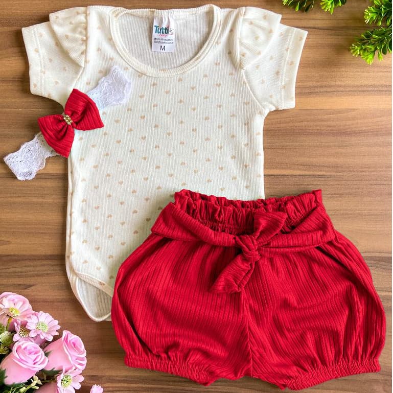 Conjunto Bebe menina body e short + faixa de cabelo