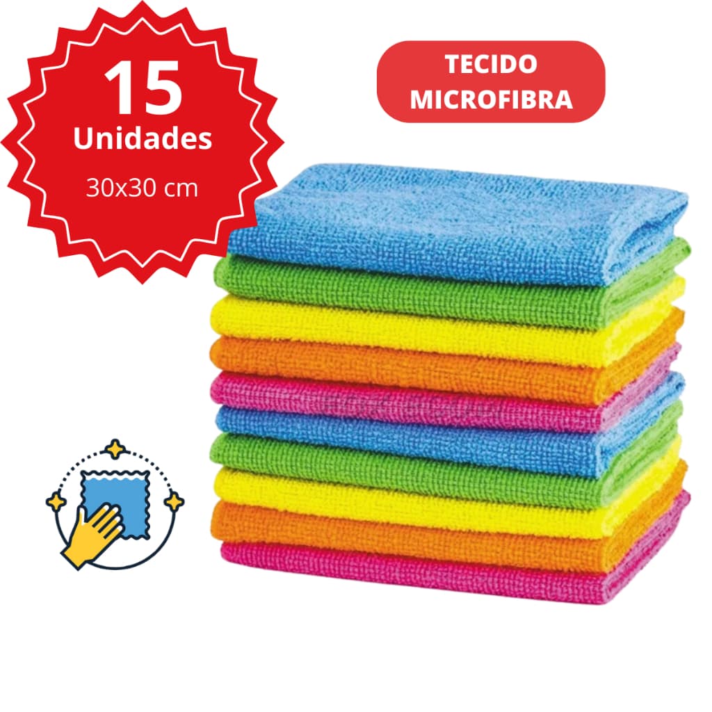 Kit 15 Pano Microfibra Limpeza 30x30cm Super Absorvente Multiuso
