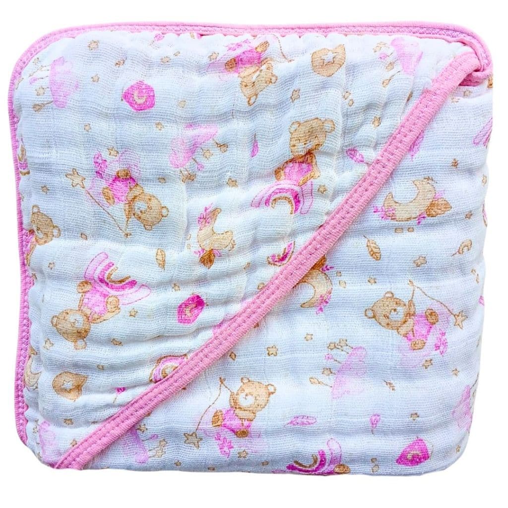 Toalha de Banho Bebe Fralda Soft com Capuz 100% Algodão Rosa Menina Enxoval 3 Camadas Macia