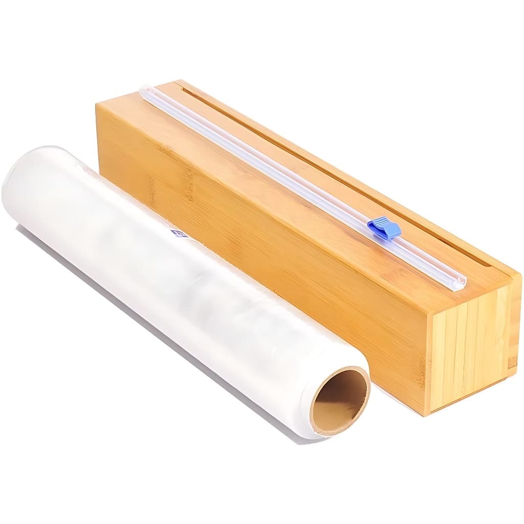 Porta Rolo Organizador Bambu Papel Aluminio Filme PVC Cortador Dispenser Cozinha