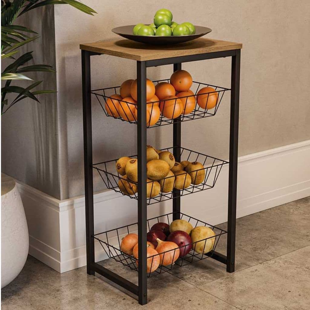 Fruteira De Chão Para Cozinha Preto Fosco Em Aço Carbono Tampo MDF Amadeirado