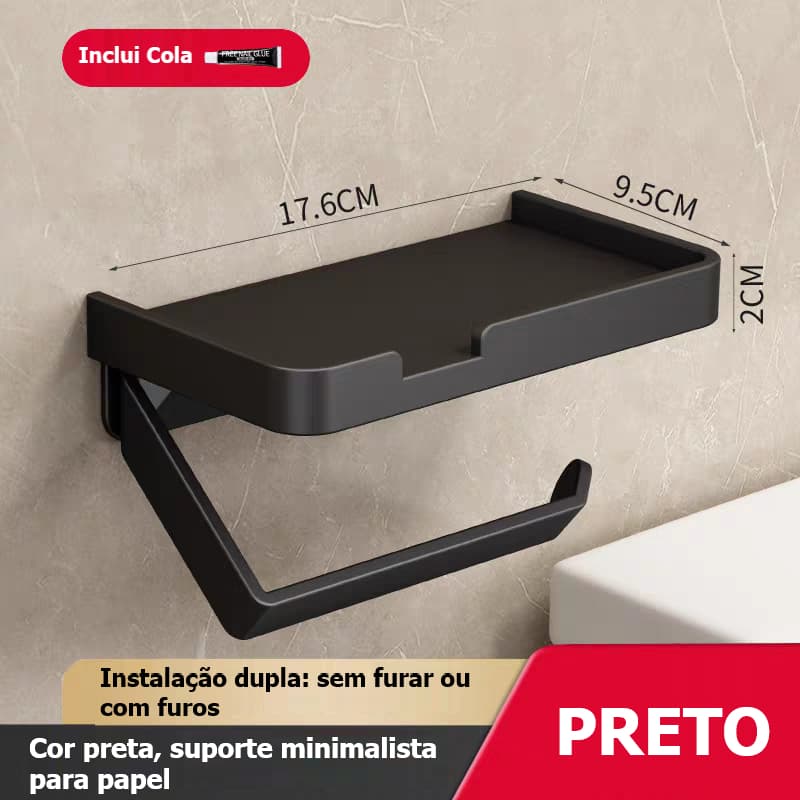 Porta Papel Higiênico Com Suporte  Preto Aço Inox