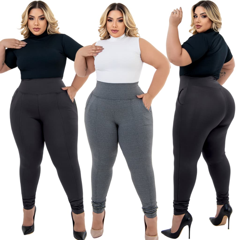 Calça Legging Plus Size Bolso Faca Cós Alto Leg Grossa Zero Transparência GG ao G4 Cintura Alta