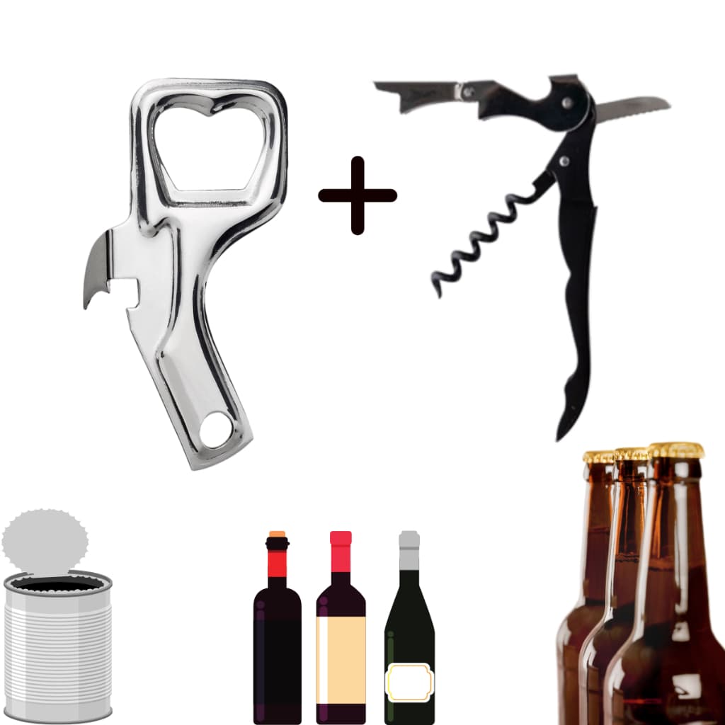 Kit Saca Rolhas Para Vinhos e Abridor de Latas e Garrafas em Aço Inox