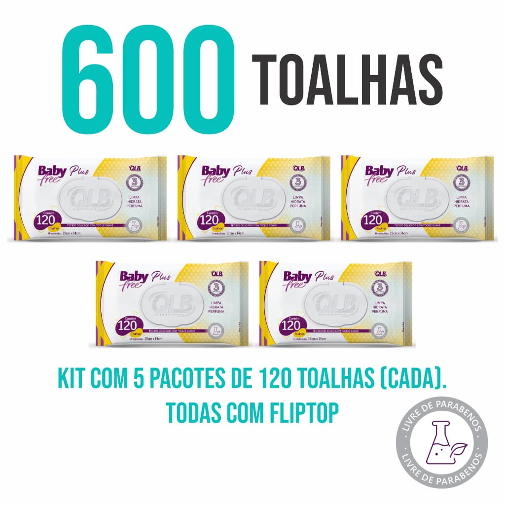 Caixa com 5 Lenços/Toalhas Umedecidas Baby Free Plus c/ 120 Unidades Cada - Tampa FlipTop