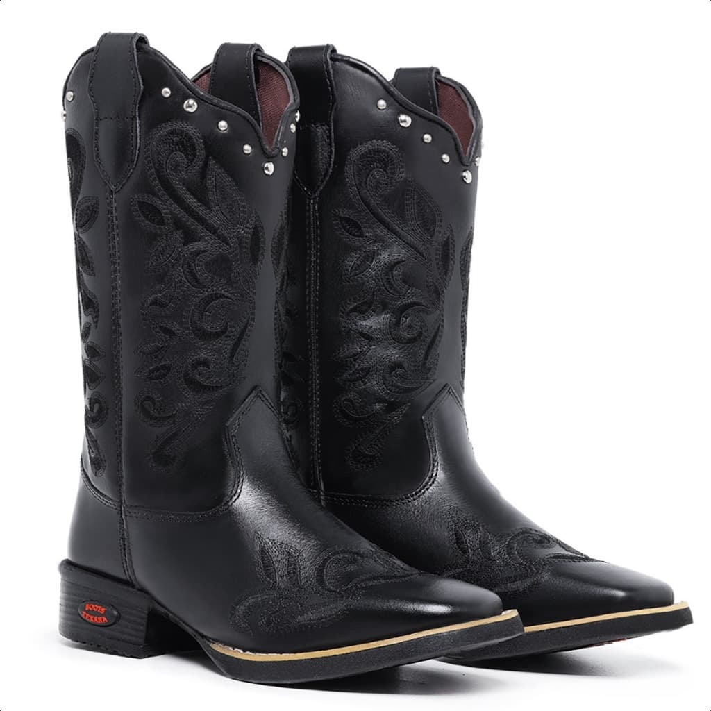 Bota Texana Country Sertanejo Feminina Bico quadrado Couro Legitimo C/Metal Bordada Rodeio