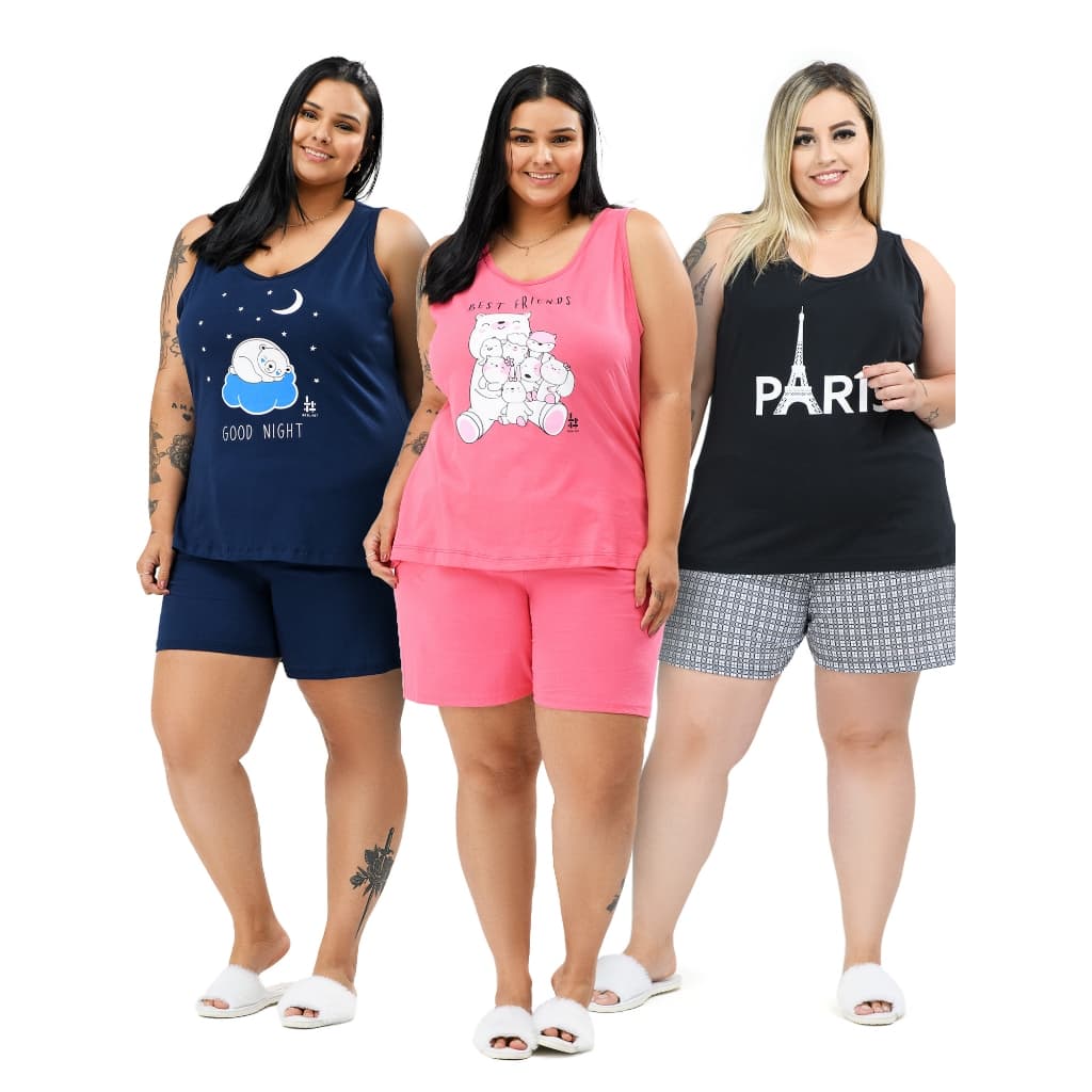 Kit 3 Conjuntos Pijama Regata de Algodão Plus Size G1 ao G6 Modelagem Ampla Envio Imediato