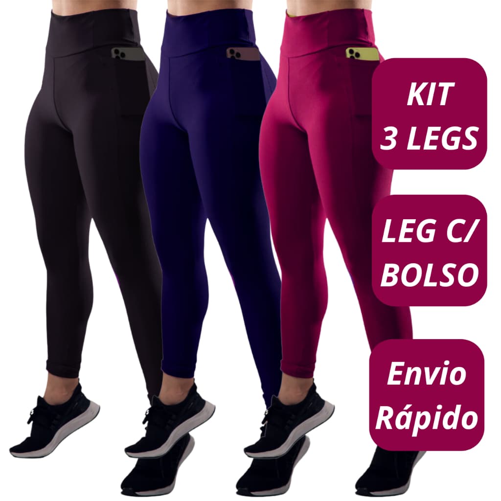 Kit 3 Calça Legging Feminina com Bolso Lateral ideal para guardar objetos Bolsos dos 2 lados
