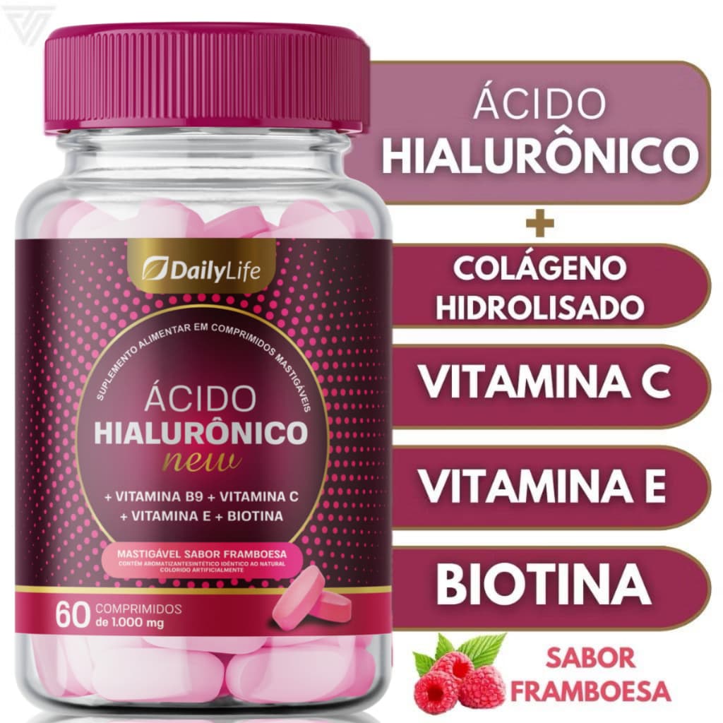 Ácido Hialurônico Com Colágeno 60 Comp Mastigáveis Sabor Framboesa