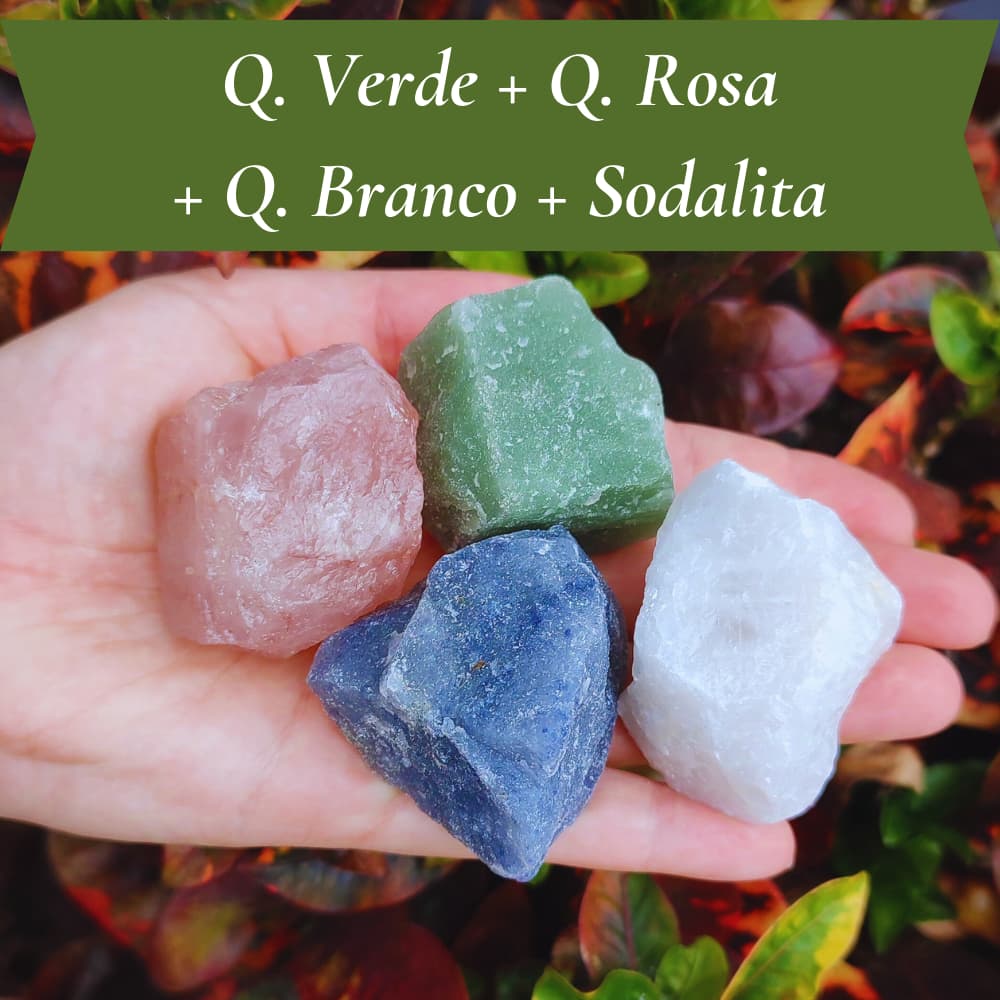 Kit 4 Pedras de Cura: Quartzo Verde + Q. Rosa + Q. Branco + Sodalita | Pedras Cristais Naturais