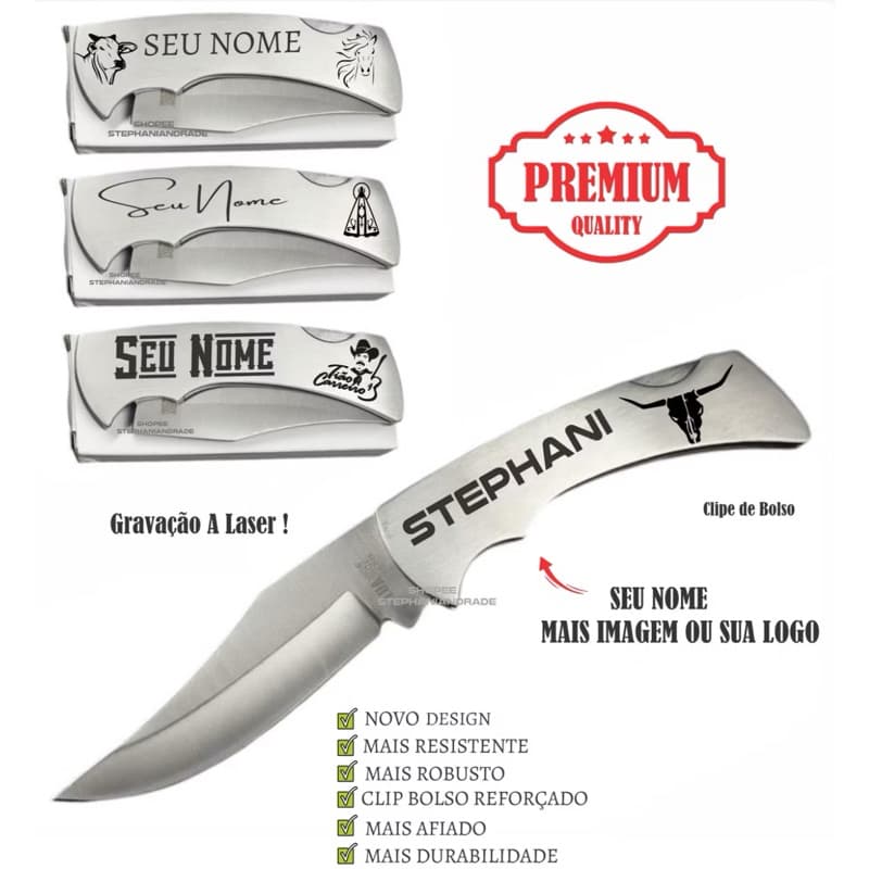 Canivete Inox Clip Bolso Estilo Zebu Personalizado Seu Nome e Logo