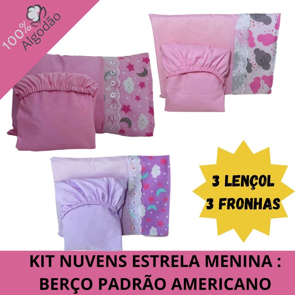 KIT 3 JOGOS DE LENÇOL PARA BERÇO AMERICANO 100% ALGODÃO NUVEM ESTRELAS MENINA