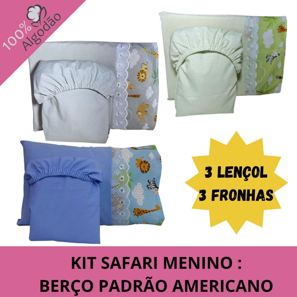 KIT 3 JOGOS DE LENÇOL PARA BERÇO AMERICANO 100% ALGODÃO SAFARI MENINO