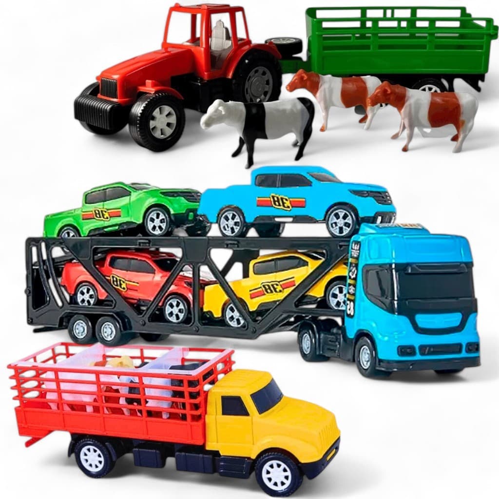 Kit Brinquedo Caminhão Cegonha Com 4 Carros Pickups + Trator Com 3 Bois Animais + Caminhão Mini Boiadeiro com 4 Bois