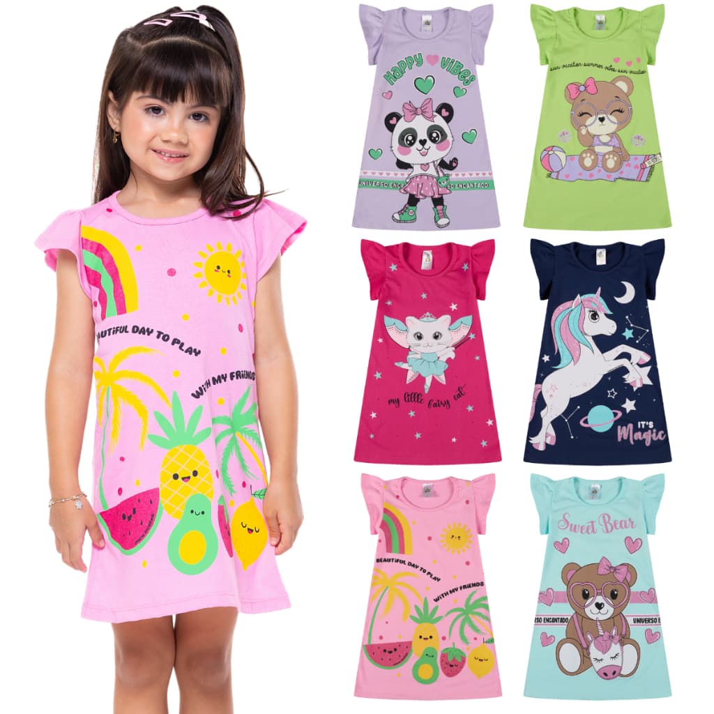 Kit 4 Vestido Infantil Menina Verão Estampados 100% Algodão com Mangas Franzidas - Kit Sortido Tamanhos 1 ao 10