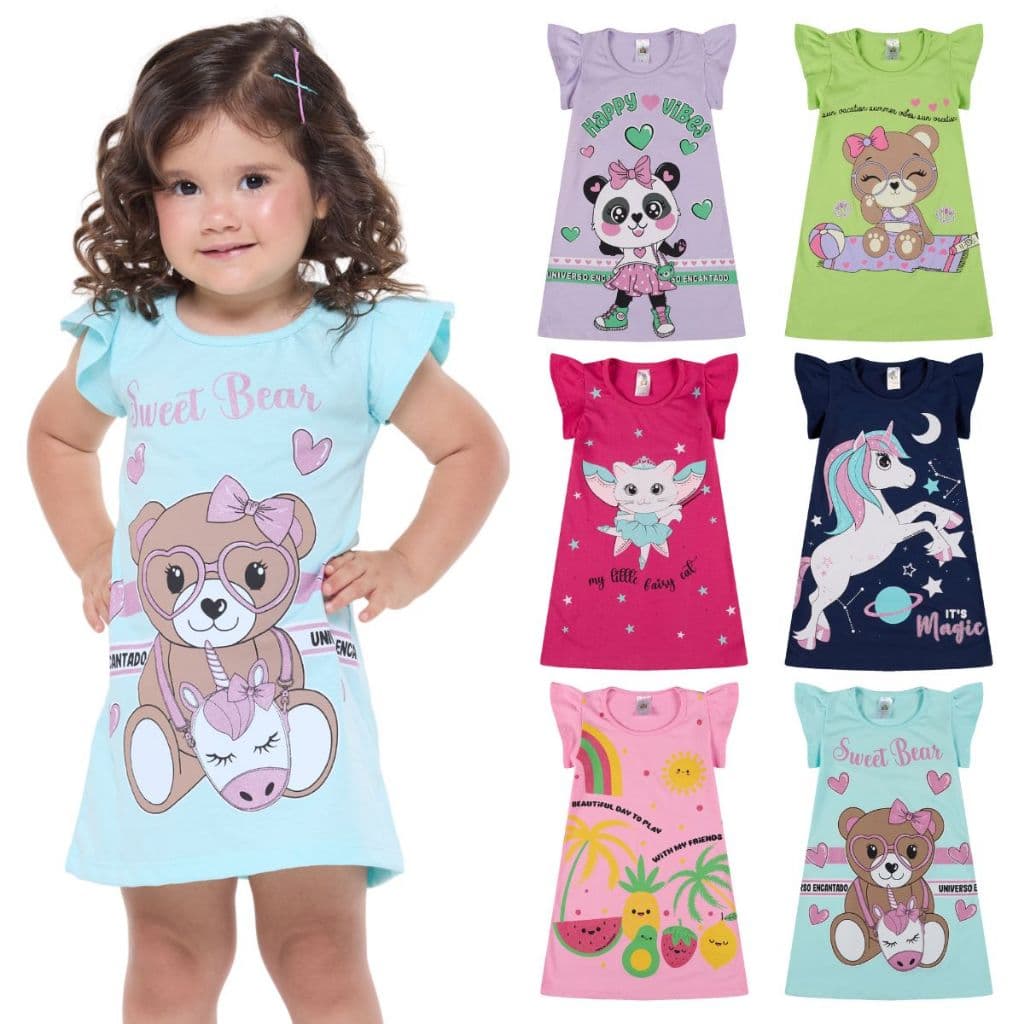 Kit 4 Vestido Bebe Menina Verão Estampados 100% Algodão com Mangas Franzidas - Kit Sortido Tamanhos 1 ao 10