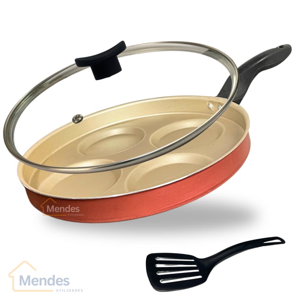 Frigideira 26 cm 4 Ovos Hamburguer Antiaderente Teflon Tampa de Vidro e Espátula Cor Cereja e Bege
