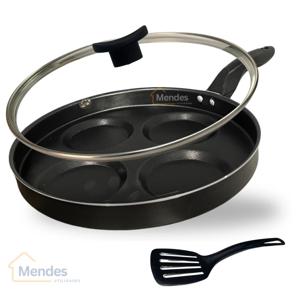 Frigideira 26 cm 4 Ovos Hamburguer Antiaderente Teflon Tampa de Vidro e Espátula Cor Grafite Preto
