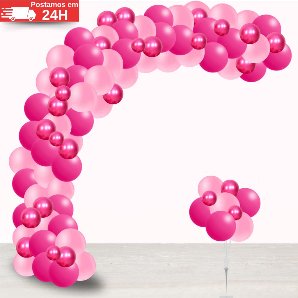 Kit 125 Balões Pink + Rosa Claro + Pink Cromado - Balão Bexiga Liso Metalizado Festas e Aniversários