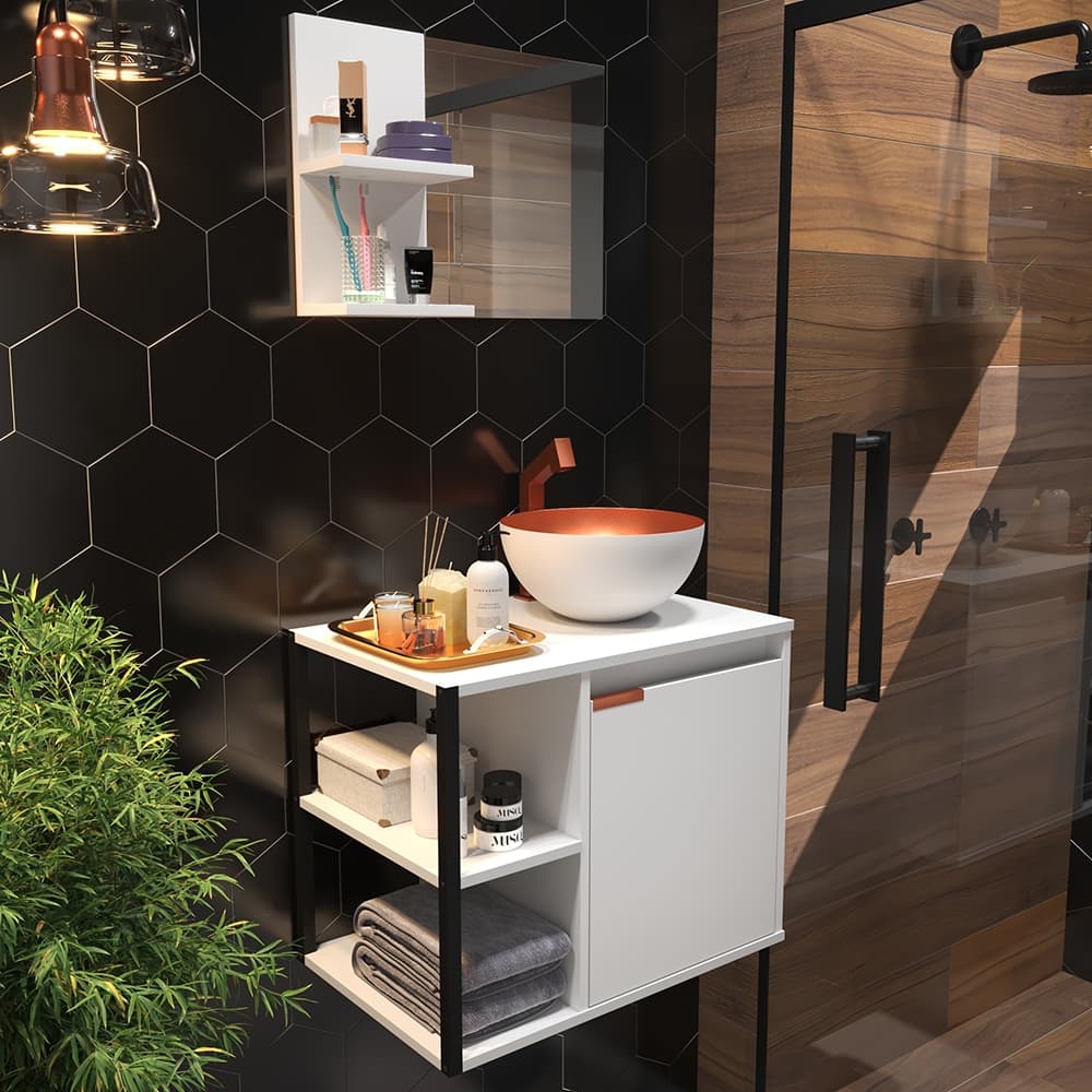 Gabinete Banheiro Completo + Cuba + Espelheira + Armário Espelho Decoração Industrial Metal Cobre Madeira Mod: Helena