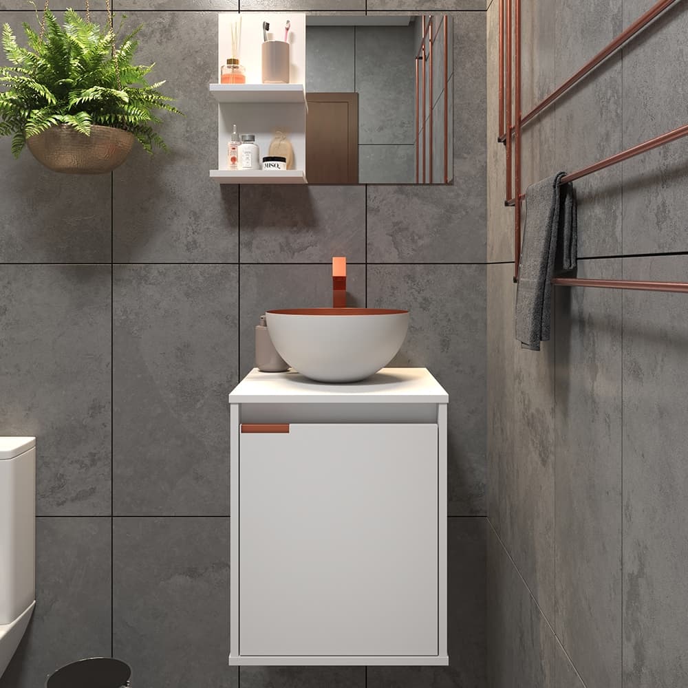 Gabinete Banheiro Completo Cuba Espelheira Espelho Decoração Vintage Madeira Puxadores Terracota