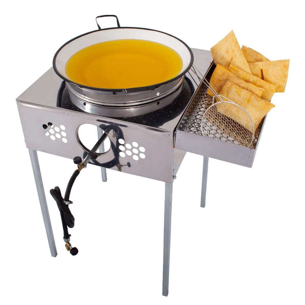 Fogão Fritador Pasteleiro Pastel Alta Pressão Inox com Escorredor de Frituras Com Tacho Esmaltado - R2