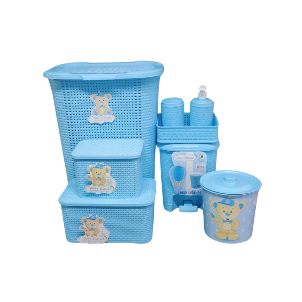 Kit Quarto para Bebê em Rattan:Cesto,Lixeira,Caixas Multiuso,Porta Algodão e Dispensador de Sabonete