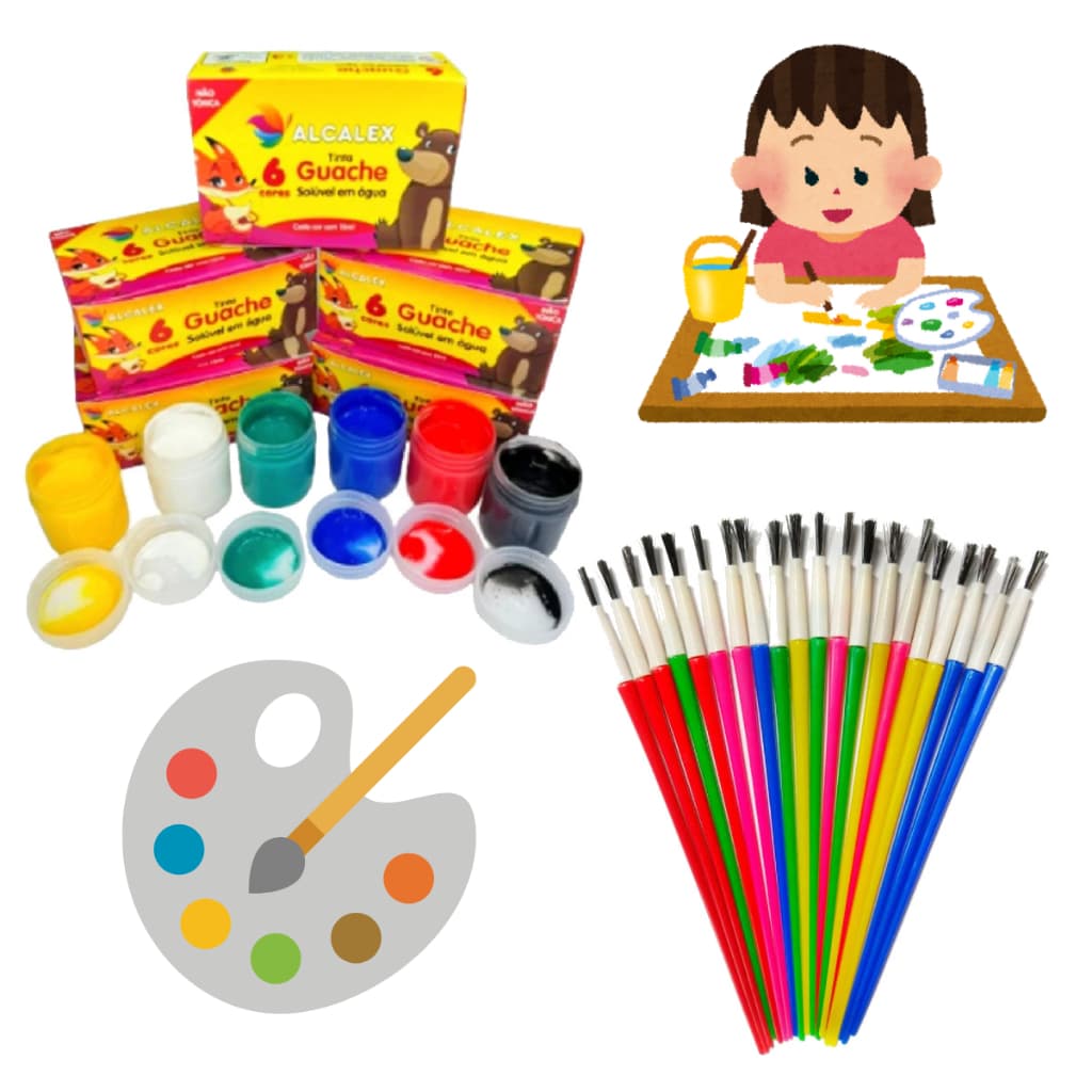 Kit 5 Cx Tinta Guache 6 Cores + 5 Unid Pincel Artístico Lembrancinha Infantil
