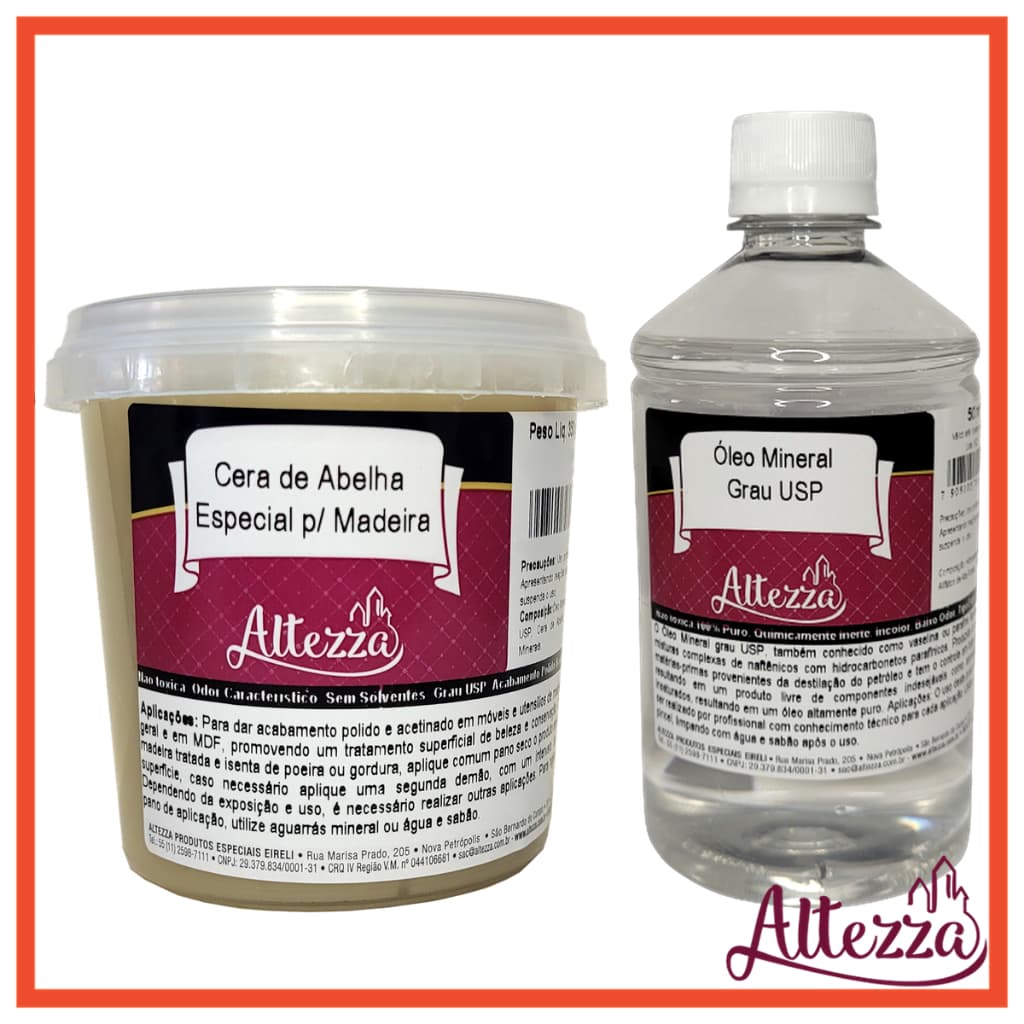 Kit Cera Pasta Abelha Para Madeira 350g + Oleo Mineral Usp 500ml - Para Selar e Hidratar Tábua de Corte Carne Churrasco