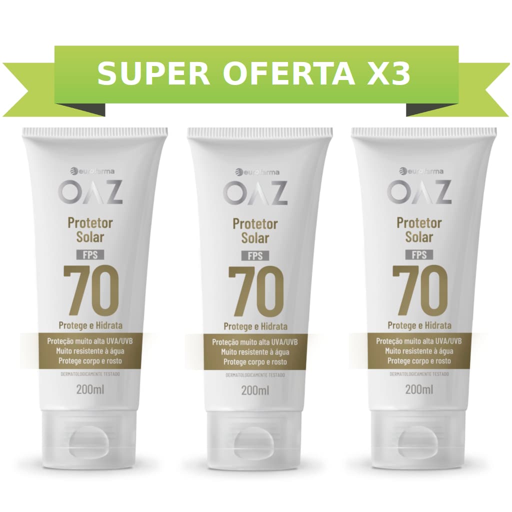 Kit C/3 Protetores Solares OAZ FPS 70 200ml - Corpo e Rosto Com Toque Seco