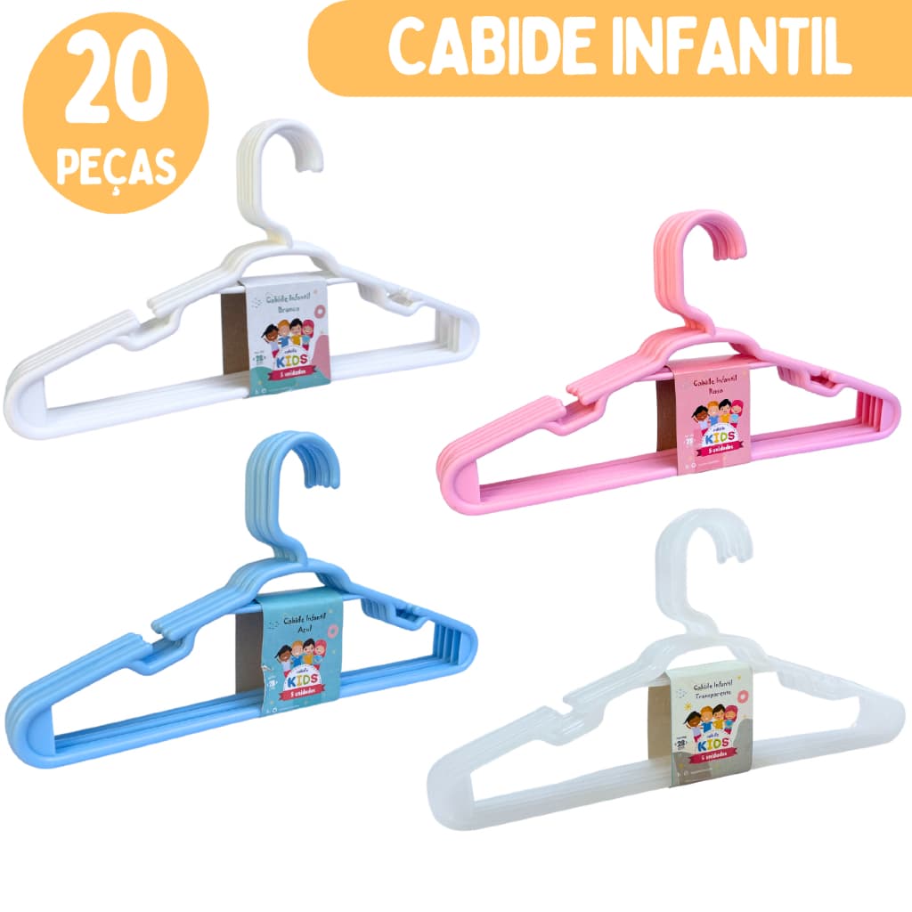 Cabide Infantil Kit 20 Peças Branco Rosa Transparente Azul Roupas de Bebe