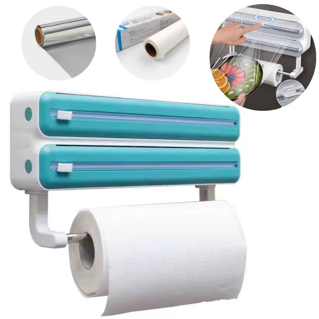 Porta Papel Filme Alumínio 3 em 1 Cortador Duplo Suporte Plástico Film 20cm 25cm 30cm Papel Toalha