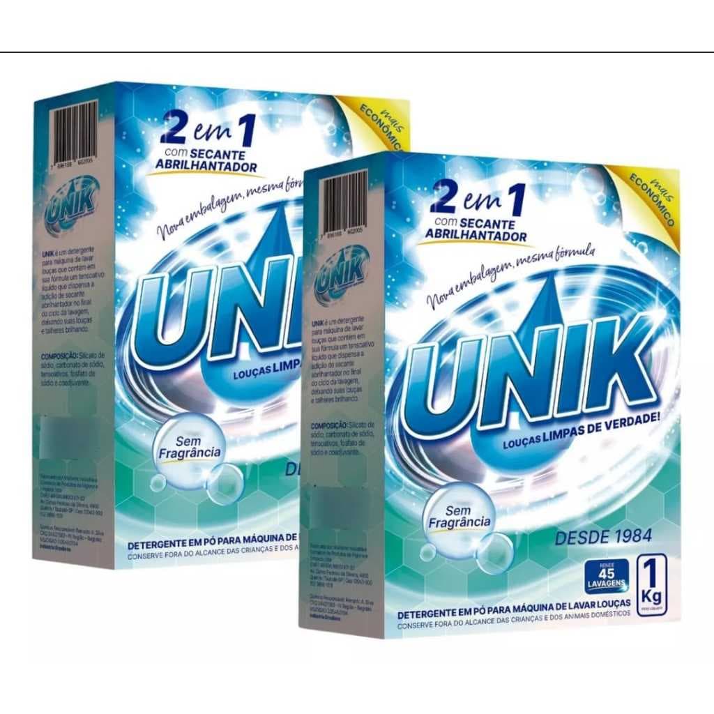 2 caixas Detergente Unik Sem Fragrância Secante e Abrilhantador em pó 1 kg cada caixa.