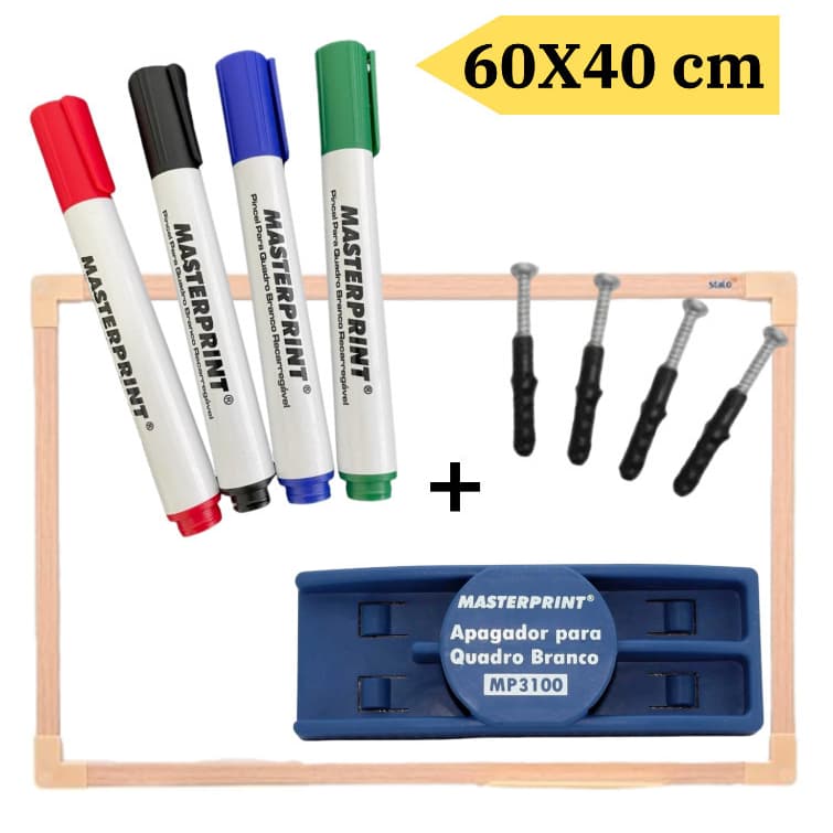 Lousa Branca Quadro Branco 60x40cm + 4 Pincel Marcadores  + 1 Apagador Didática Média