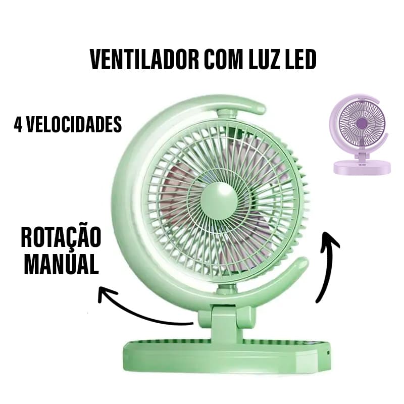 Mini Ventilador 4 Velocidades Recarregável Rotação Manual Com Luz