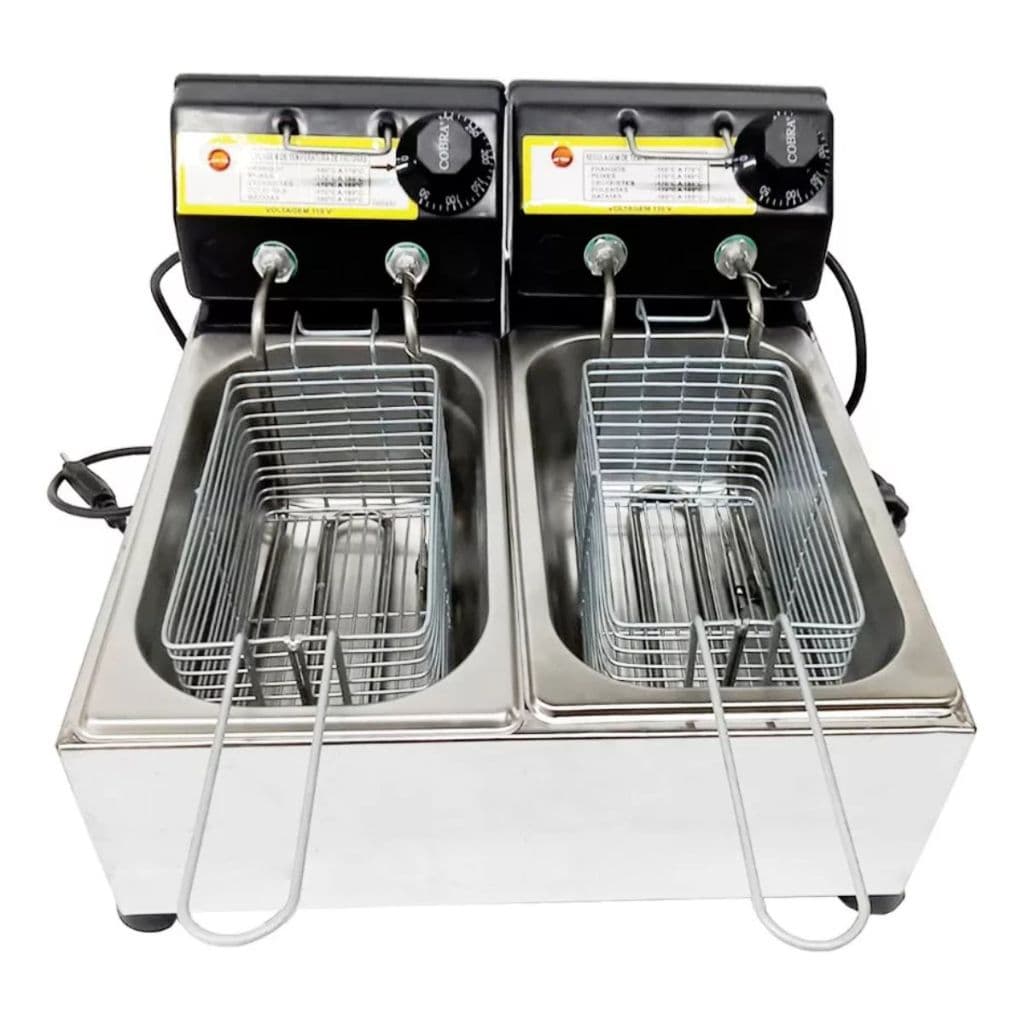 Fritadeira Elétrica Industrial 5 Litros em Inox com Termostato e Cuba Dupla Para Pastéis e Batatas