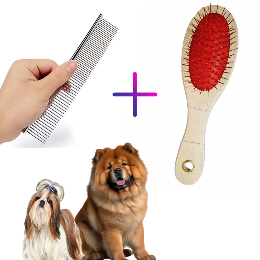 Kit Escova sem Bolinha + Pente de Aço para Pets Cães de Pelos Longos Lhasa Shitzu Spitz Yorkshire