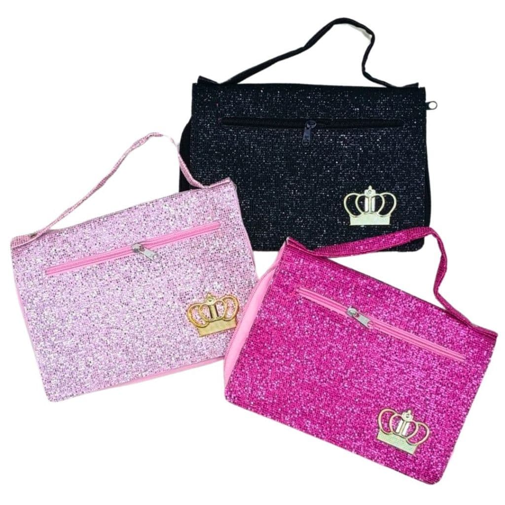 Capa Bolsa para Bíblia com Alça Zíper e Bolso Externo Glitter Brilho com Coroa