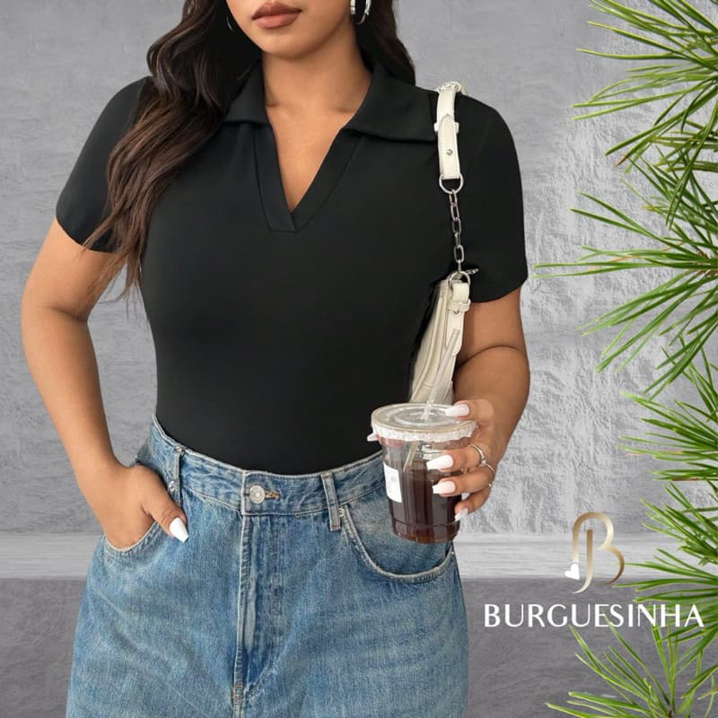 Body Polo Feminino Manga Curta Suplex Duplo Premium Manguinha Decote