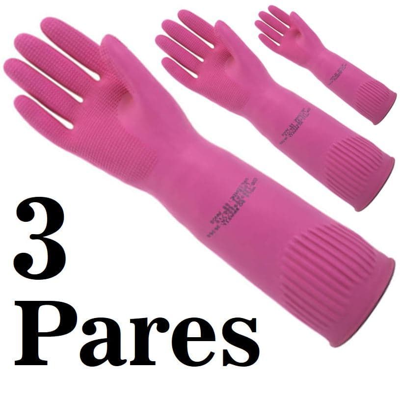 Kit de 3 Pares Luva Ranhurada Rosa Punho Longo Volk CA36368 - Limpeza Doméstica, Industrial, frigorífico, Paisagismo etc
